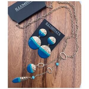 Illuminata Round Drop Earrings 20" Necklace Gold Tone Blue Green 2 Pc Set NEW!